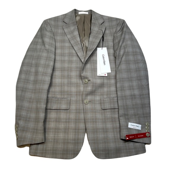 Calvin Klein Slim Fit Sport Coat Mens 36R 36 Light Tan Plaid Stretch Wool $450‎ - Picture 1 of 13